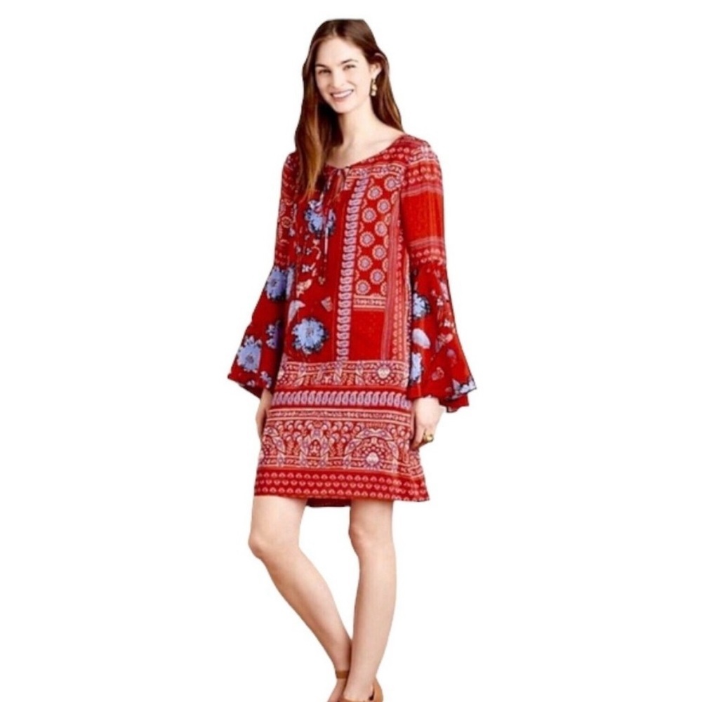 Anthropologie Vanessa Virginia Women 2 Isabelle Silk Red Bell Sleeves Dress